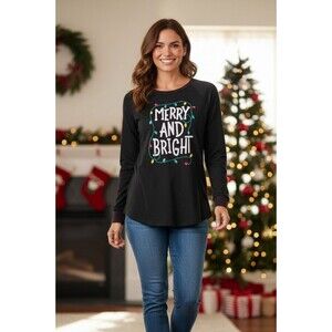 Merry and Bright Christmas Shirt Womens Small Holiday Time Long Sleeve Graphic